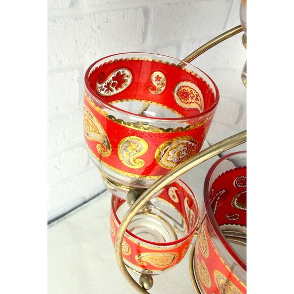 Stunning Vintage MCM Culver Red Paisley Ferris Wheel Bar Glasses & Ice Bucket - Picture 5 of 10
